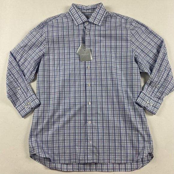 NWT Hickey Freeman Contemporary Fit Shirt Mens 17  32/33 Navy Check Pima Cotton - Picture 1 of 15